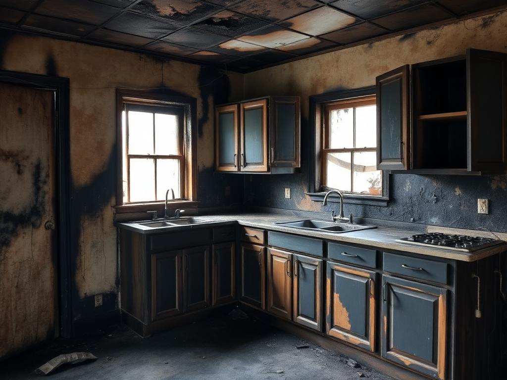 Burned kitchen before fire restoration